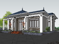 Mẫu sketchup biệt thự 1 tầng mái nhật đẹp mắt