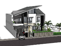 Model sketchup mẫu nhà phố 2 tầng mái lệch