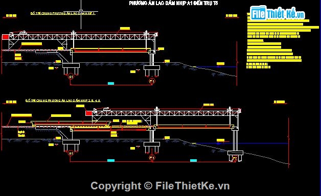 lao lắp cầu dầm super T,mặt bằng bố trí công trường thi công cầu,bản vẽ cad biện pháp lao lắp dầm