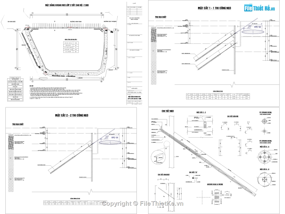 BPTC 2 hầm ép cừ khoan neo,Biện pháp thi công Topdown,BPTC ép cừ kết hợp neo trong đất,Bản vẽ biện pháp thi công hầm ép cừ,Bản vẽ BPTC hầm khoan neo trong đất,BPTC hầm bằng phương án Topdown