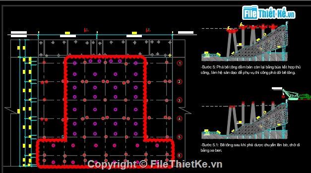 Bản vẽ cad phá dỡ kết cầu sàn bê tông thi công cọc,phá dỡ sàn bê tông,đục bê tông sàn biện pháp cọc biển,Bản vẽ cad đục bê tông sàn