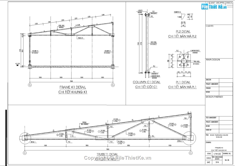 Kết cấu vì kèo 8m,Kết cáu bán kèo 8m,File Autocad kết cấu nhà để xe,Kết cấu nhà xe 8x44m,bản vẽ nhà để xe khung thép,Kết cấu nhà xe khung kèo mái tôn