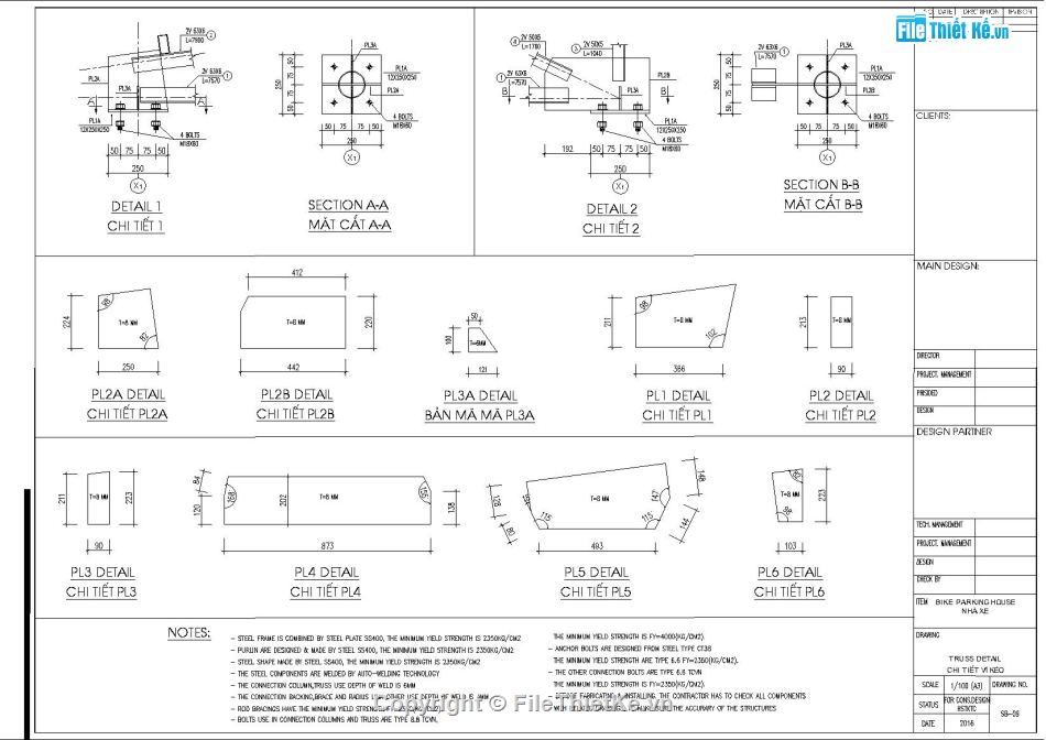 Kết cấu vì kèo 8m,Kết cáu bán kèo 8m,File Autocad kết cấu nhà để xe,Kết cấu nhà xe 8x44m,bản vẽ nhà để xe khung thép,Kết cấu nhà xe khung kèo mái tôn