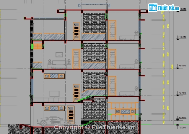 Bản vẽ nhà phố,nhà phố 4 tầng,nhà diện tích 10 x 15m