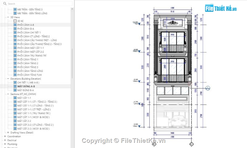 nhà phố 3 tầng,nhà phố 3 tầng revit,nhà phố 4 tầng revit,revit nhà phố 3 tầng,Bản vẽ nhà phố