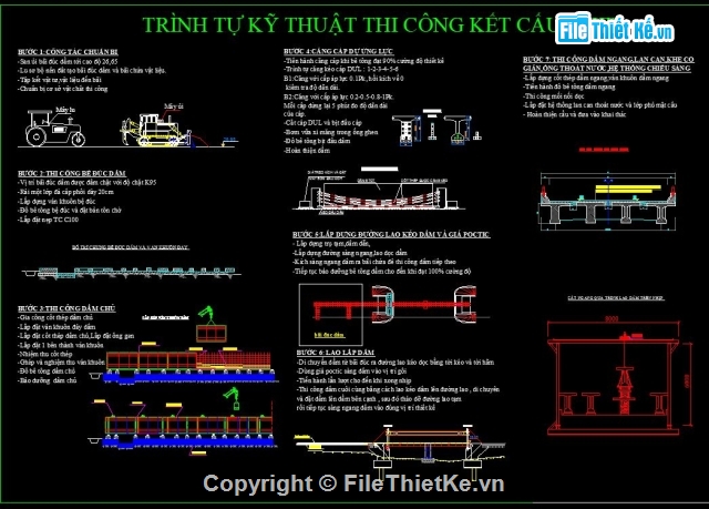 Bản vẽ thi công,cấu tạo dầm dẫn,thi công kết cấu nhịp,thi công dầm T,các bước thi công kết cấu nhịp,lao lắp dầm bằng giá long môn