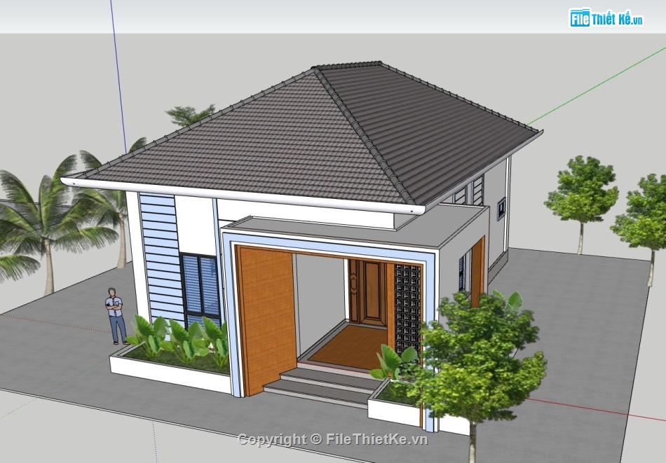 Bao cảnh biệt thự 1 tầng,biệt thự 1 tầng,sketchup biệt thự