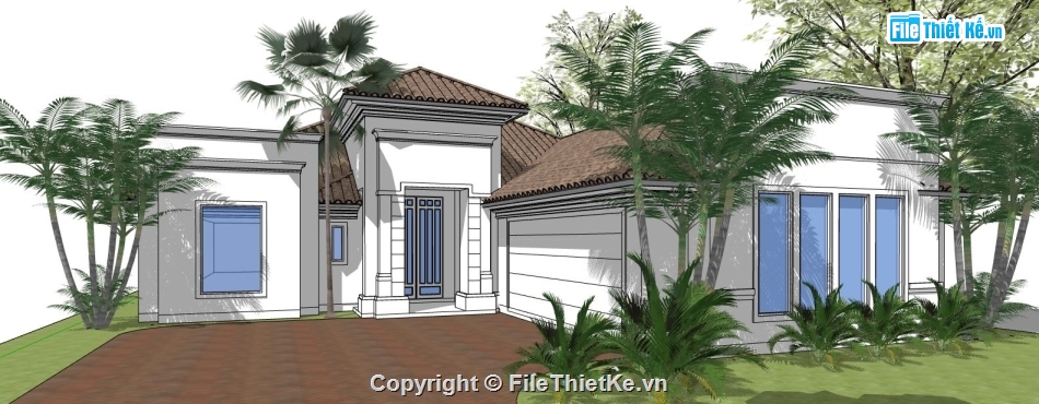 thiết kế biệt thự 1 tầng,file su biệt thự 1 tầng,file sketchup biệt thự 1 tầng