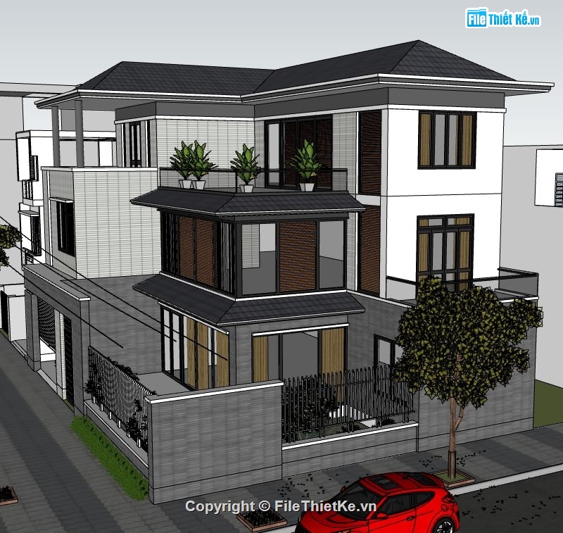 biệt thự 3 tầng,file sketchup biệt thự 3 tầng,mẫu biệt thự 3 tầng file su