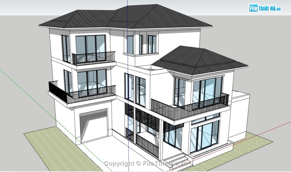 Biệt thự chữ L 3 tầng,model su biệt thự,file sketchup biệt thự