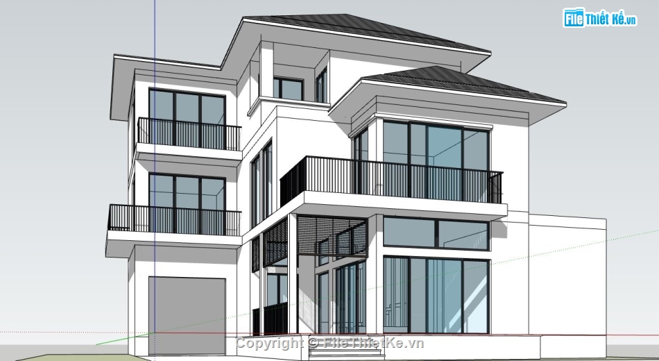 Biệt thự chữ L 3 tầng,model su biệt thự,file sketchup biệt thự