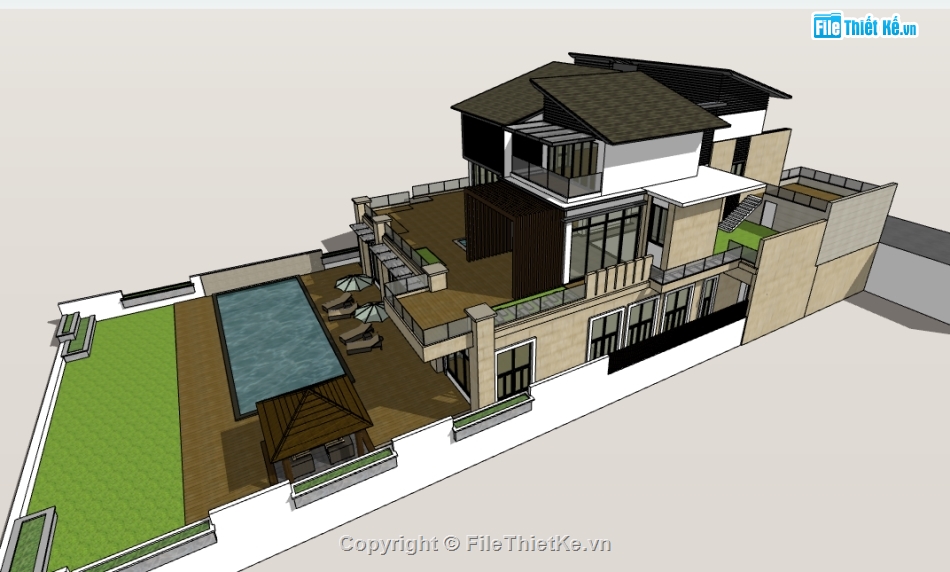 dựng bao cảnh biệt thự 3 tầng file su,biệt thự 3 tầng dựng model su,dựng 3d su nhà biệt thự hiện đại