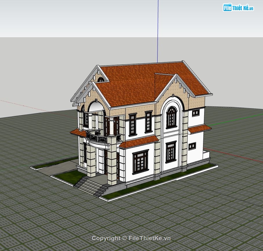 Biệt thự 3 tầng,file su biệt thự 3 tầng,biệt thự 3 tầng mái thái,model sketchup biệt thự phố 3 tầng