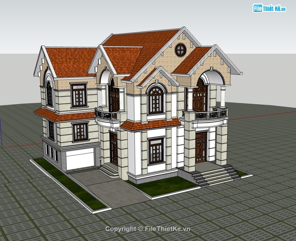 Biệt thự 3 tầng,file su biệt thự 3 tầng,biệt thự 3 tầng mái thái,model sketchup biệt thự phố 3 tầng