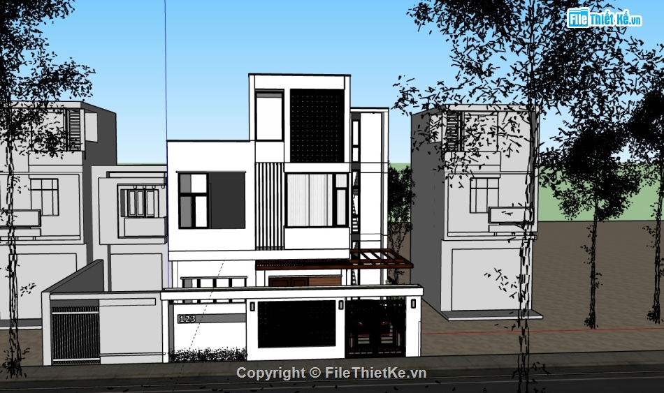 Biệt thự 3 tầng hiện đại,file su biệt thự 3 tầng,sketchup biệt thự