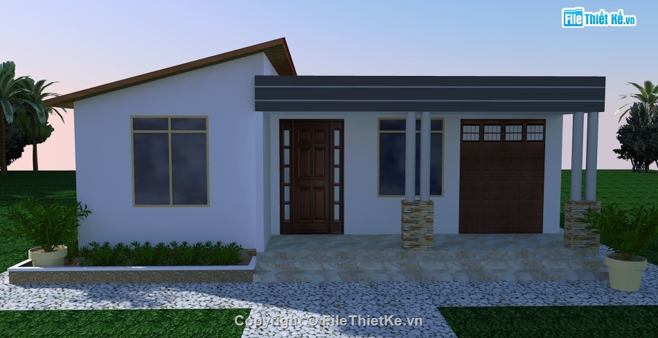 Biệt thự mái lệch,Model su biệt thự mái lệch,biệt thự 1 tầng,file su biệt thự 1 tầng,sketchup biệt thự 1 tầng