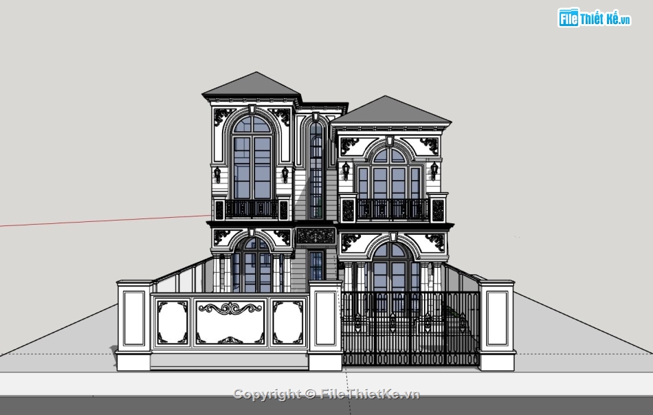 Biệt thự tân cổ điển,biệt thự sketchup 2 tầng,bản vẽ biệt thự 3d