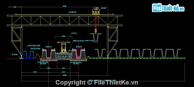 dam super T,Bố trí bãi đúc dầm super T,bố trí giá long môn nhấc dầm