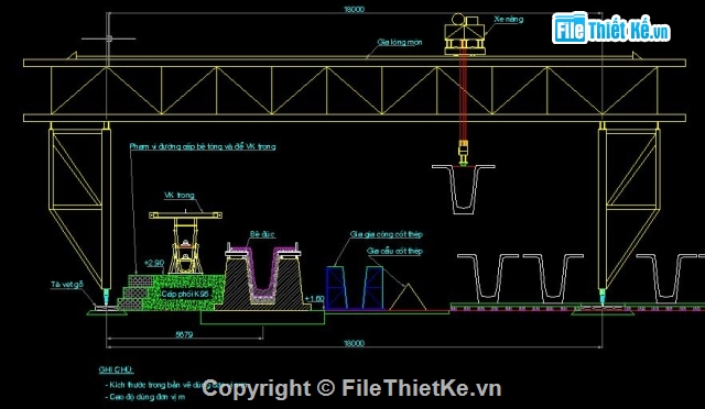 dam super T,Bố trí bãi đúc dầm super T,bố trí giá long môn nhấc dầm