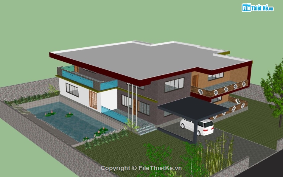 Biệt thự 1 tầng,model su biệt thự 1 tầng,file sketchup biệt thự 1 tầng