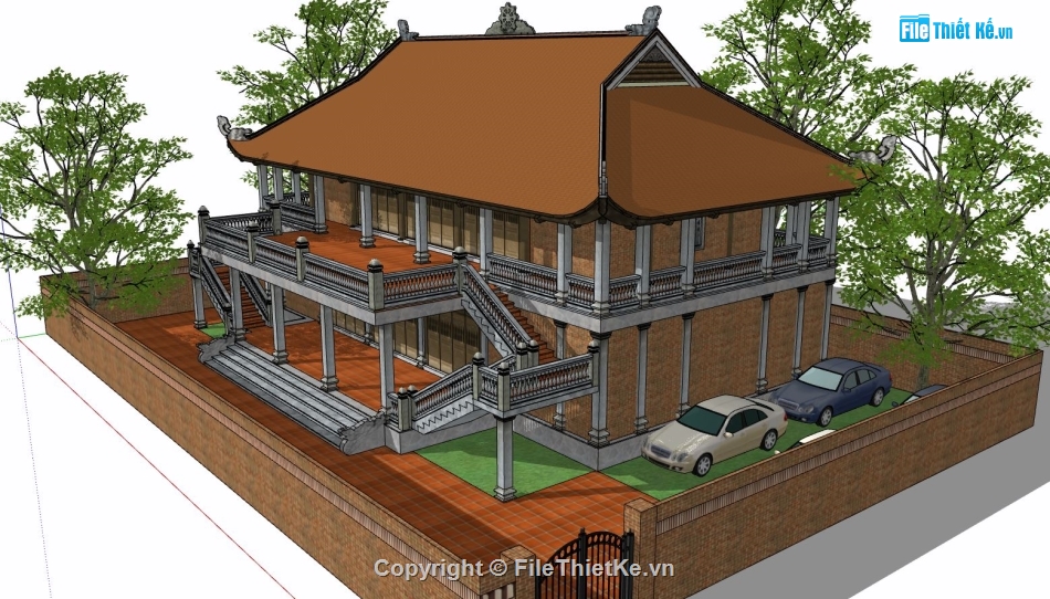 bao cảnh chùa,thiết kế chùa 2 mái,file sketchup chùa 2 tầng