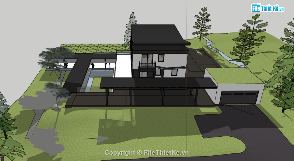 biệt thự nghỉ dưỡng 3 tầng file su,dựng bao cảnh sketchup nhà biệt thự,thiết kế biệt thự nghỉ dưỡng hiện đại