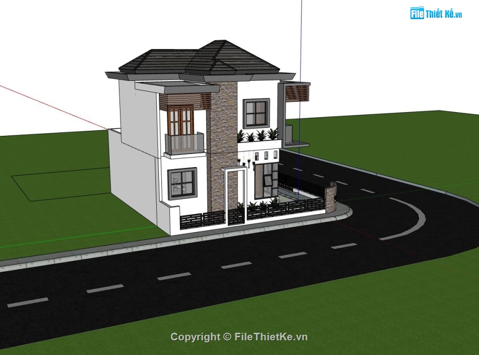 biệt thự 2 tầng,biệt thự sketchup,biệt thự góc đẹp