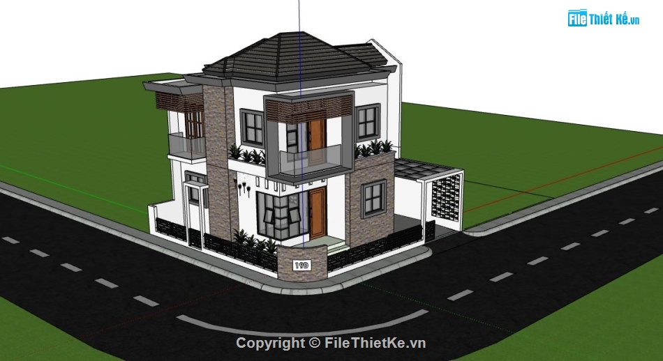 biệt thự 2 tầng,biệt thự sketchup,biệt thự góc đẹp