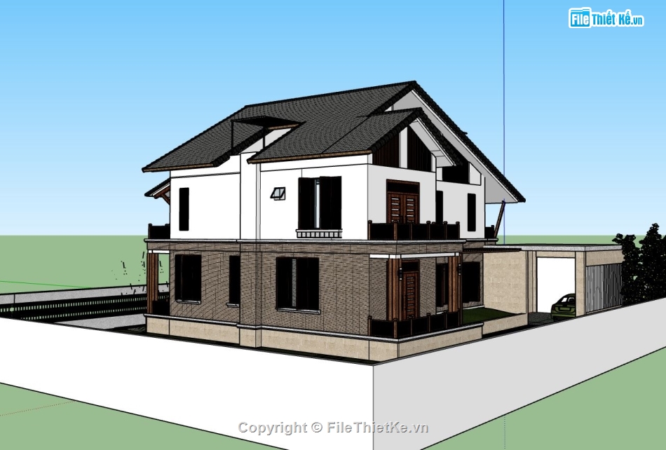 biệt thự 2 tầng,file sketchup biệt thự đẹp,bản vẽ biệt thự 2 tầng,phối cảnh biệt thự 2 tầng