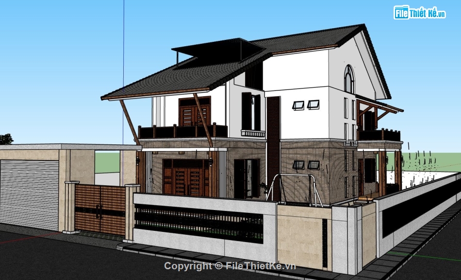 biệt thự 2 tầng,file sketchup biệt thự đẹp,bản vẽ biệt thự 2 tầng,phối cảnh biệt thự 2 tầng