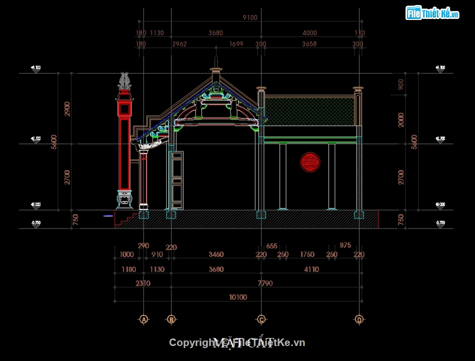 nhà thờ 3 gian,cad nhà thờ,nhà từ đường,bản vẽ thiết kế nhà thờ họ 3 gian,kết cấu nhà thờ 3 gian,kiến trúc nhà thờ 3 gian