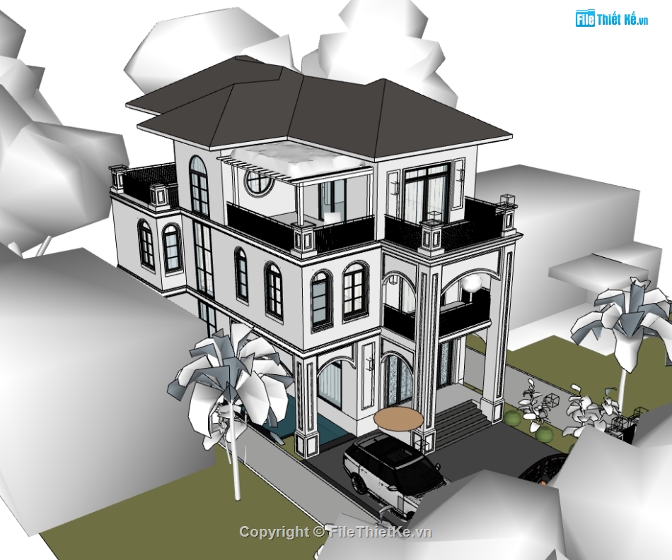 biệt thự 3 tầng,su biệt thự,sketchup biệt thự