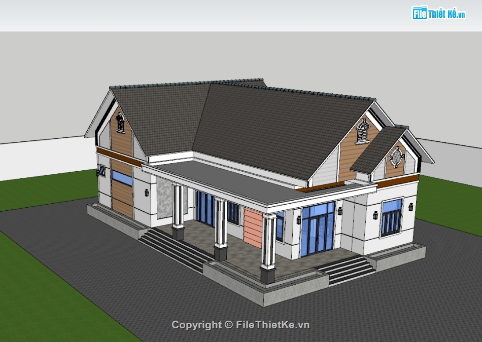 nhà 1 tầng,sketchup nhà 1 tầng,nhà 1 tầng mái thái