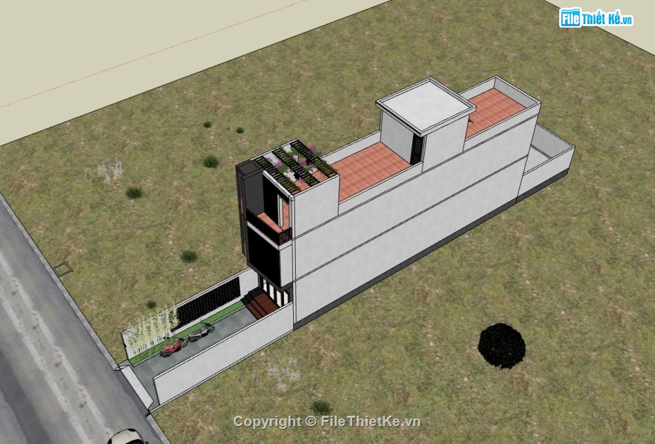 nhà phố 3 tầng,file sketchup nhà phố,phối cảnh nhà phố 3 tầng