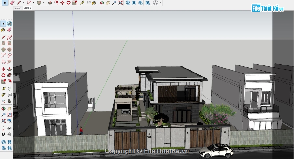 nhà phố 2 tầng,3D nhà phố 2 tầng,nhà 2 tầng,sketchup nhà phố 2 tầng