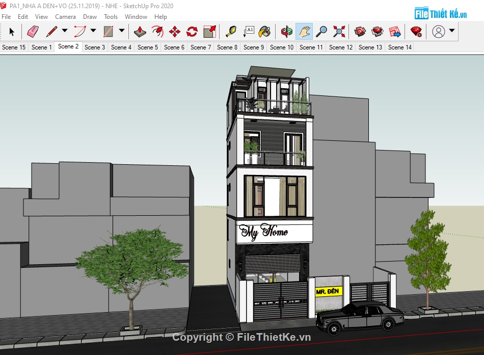 Nhà phố 4 tầng 5x20m,File su Nhà phố 4 tầng,Su Nhà phố 4 tầng,Sketchup Nhà phố 4 tầng,File Sketchup Nhà phố 4 tầng