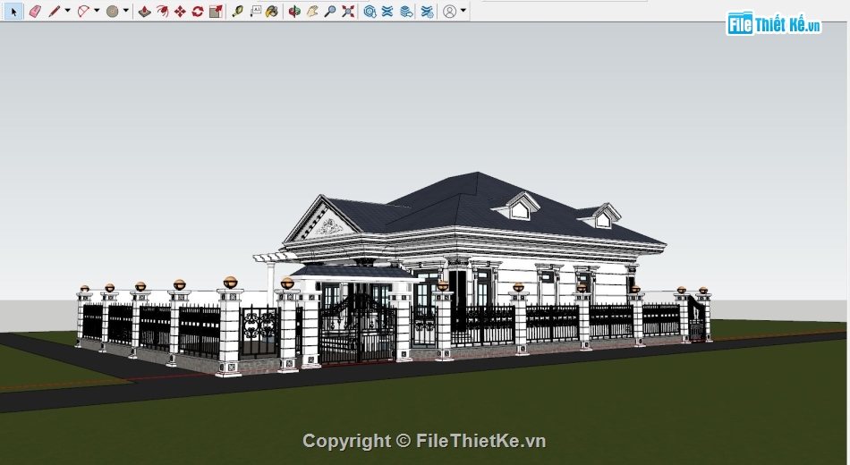 Biệt thự 1 tầng 14.5x13m,Model su biệt thự 1 tầng,Sketchup biệt thự 1 tầng,file sketchup biệt thự 1 tầng,biệt thự 1 tầng sketchup