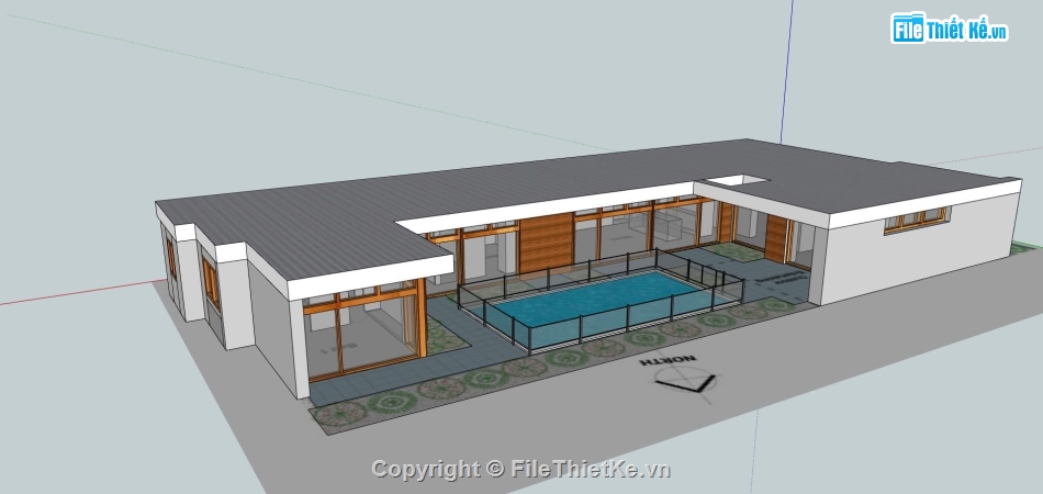 biệt thự 1 tầng,biệt thự sketchup,sketchup biệt thự 1 tầng,biệt thự có bể bơi