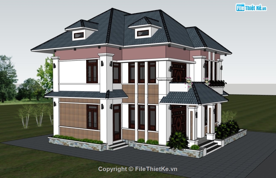 biệt thự 2 tầng,model su biệt thự 2 tầng,mẫu sketchup biệt thự 2 tầng,phối cảnh biệt thự 2 tầng