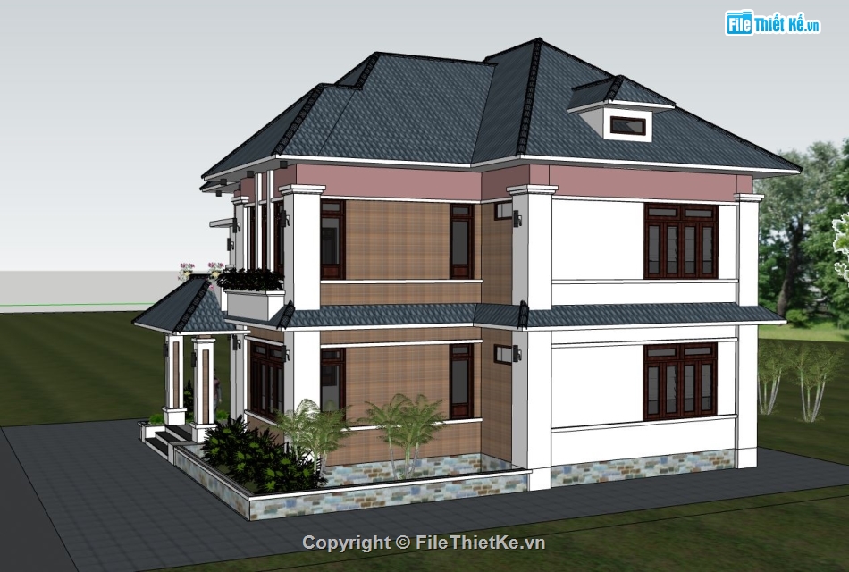 biệt thự 2 tầng,model su biệt thự 2 tầng,mẫu sketchup biệt thự 2 tầng,phối cảnh biệt thự 2 tầng