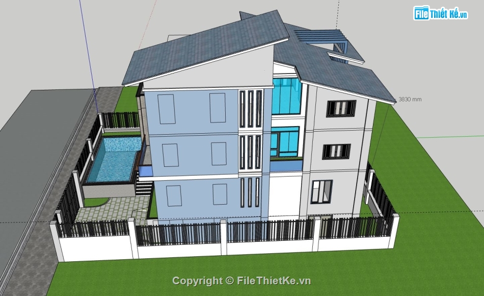 biệt thự 3 tầng,sketchup biệt thự 3 tầng,phối cảnh biệt thự