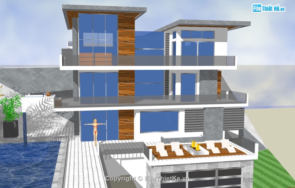 biệt thự 3 tầng,biệt thự sketchup,biệt thự hiện đại 3 tầng,model su biệt thự 3 tầng