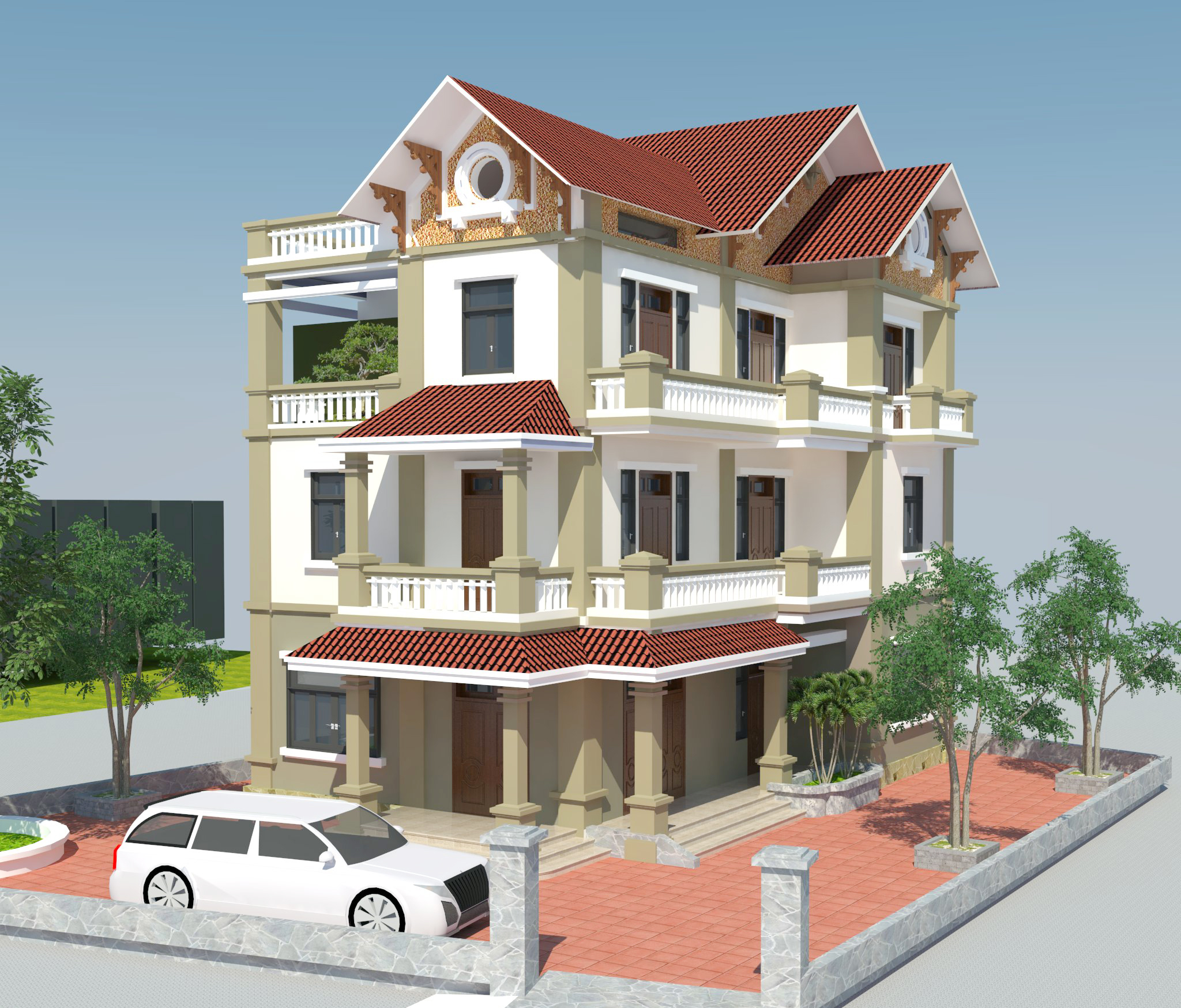 File sketchup biệt thự 3 tầng mái thái,File sketchup biệt thự 3 tầng,Model sketchup biệt thự 3 tầng