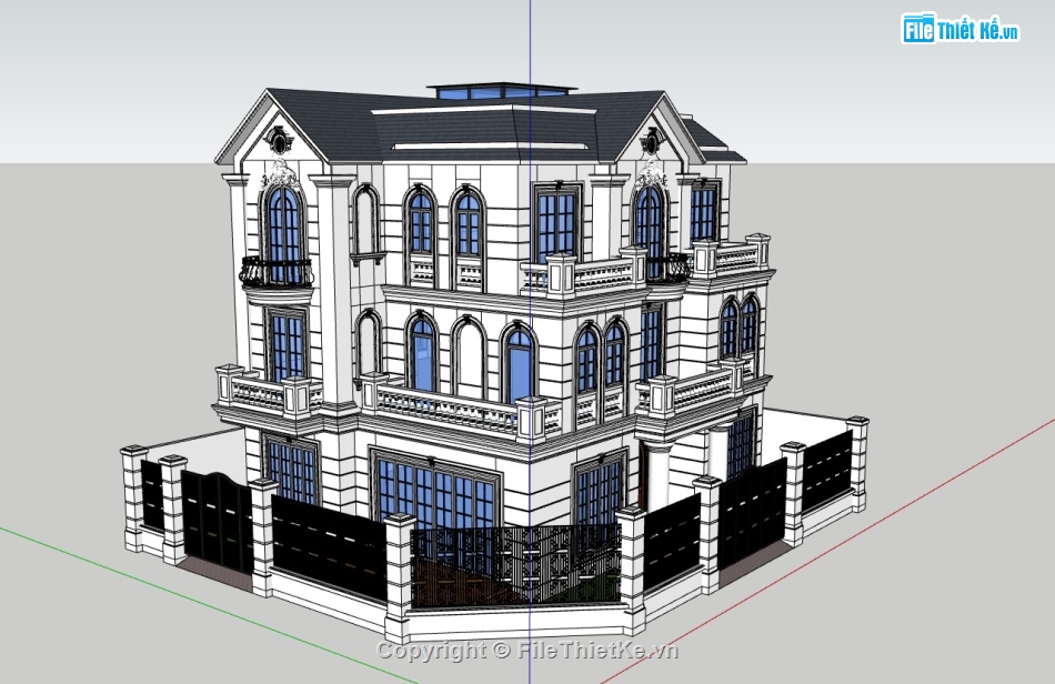 biệt thự 3 tầng,biệt thự 3 tầng tân cổ điển,sketchup biệt thự,sketchup biệt thự 3 tầng