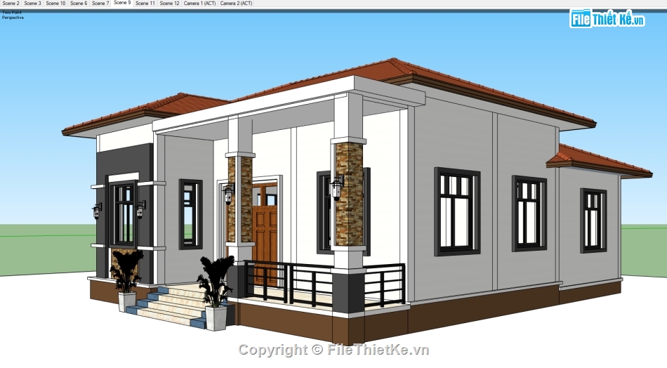 biệt thự 1 tầng sketchup,biệt thự 1 tầng su,thiết kế biệt thự 1 tầng,biệt thự sketchup