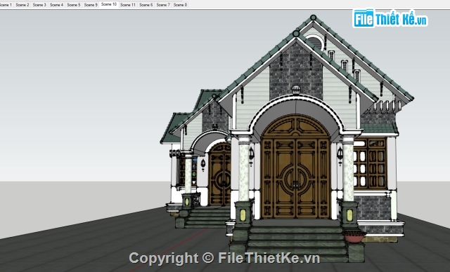 Biệt thự 3 tầng 1 mái,Biệt thự vườn 1 tầng,Nhà mái thái 1 tầng,sketchup biệt thự,su biệt thự mái thái 1 tầng