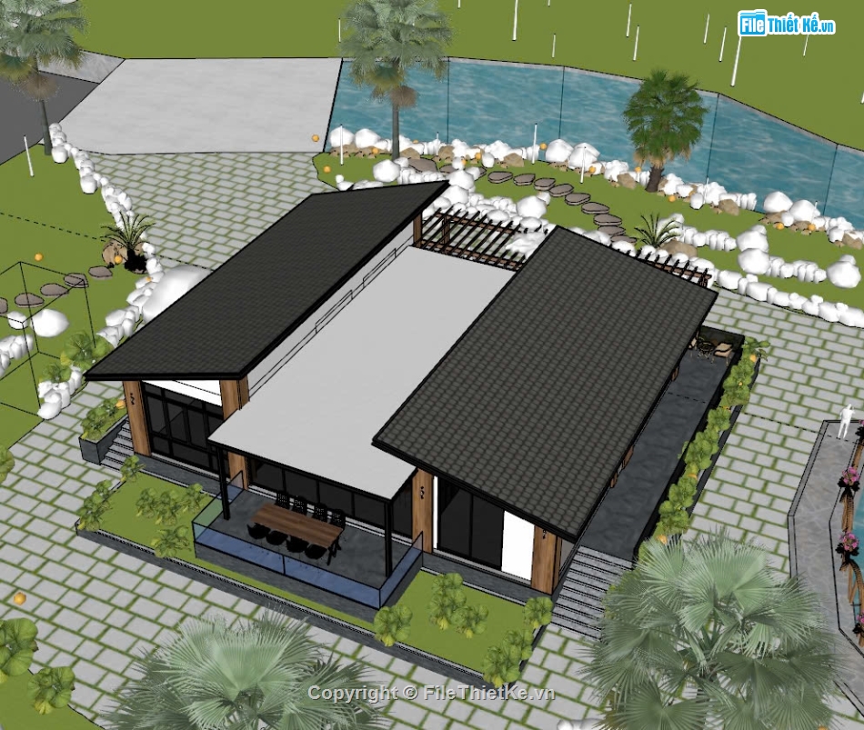 Sketchup sân vườn,Sketchup biệt thự sân vườn,Sketchup biệt thự hiện đại