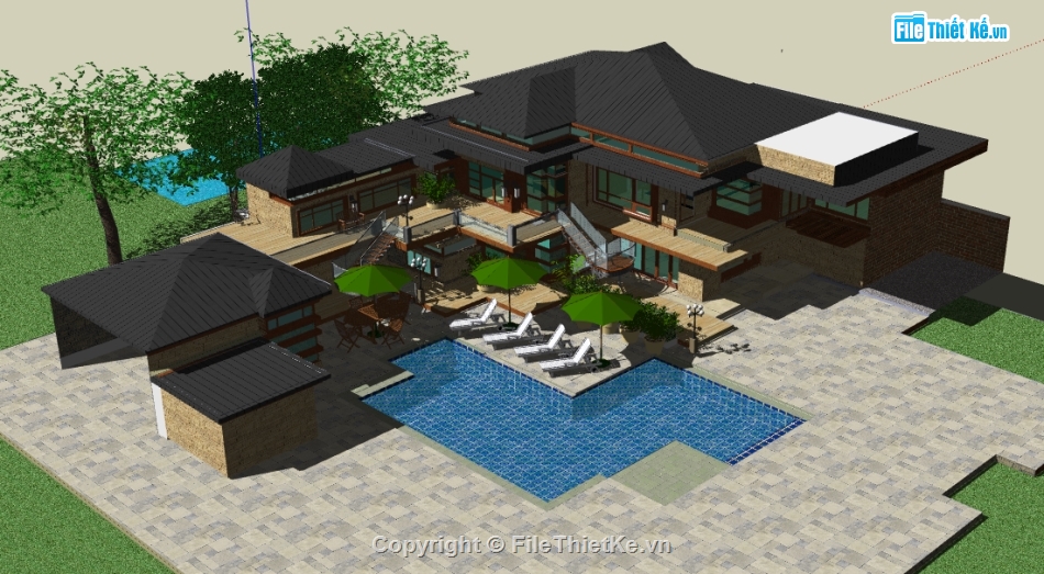 file sketchup biệt thự 2 tầng,dựng 3d su biệt thự mái nhật,biệt thự nghỉ dưỡng file sketchup