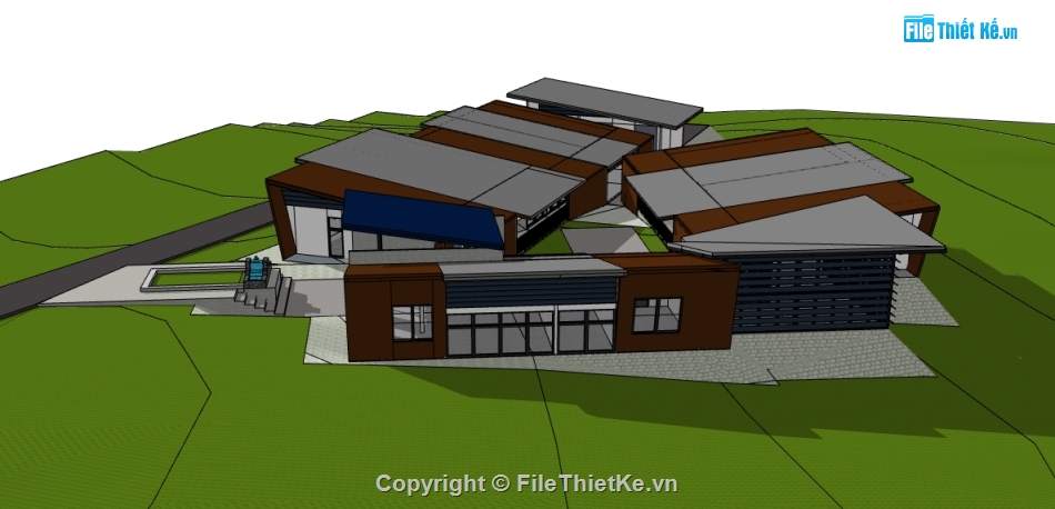 dựng sketchup khu nhà làm việc,nhà làm việc 1 tầng file su,thiết kế khu nhà làm việc 1 tầng