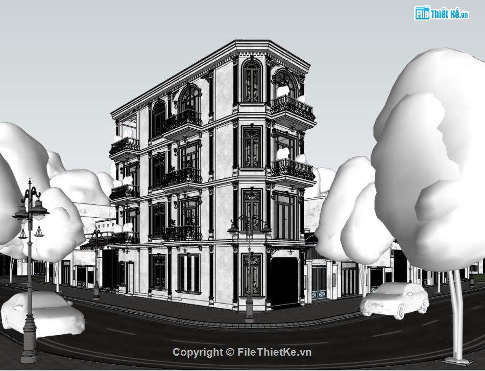 nhà 4 tầng,sketchup nhà phố 4 tầng,nhà phố góc